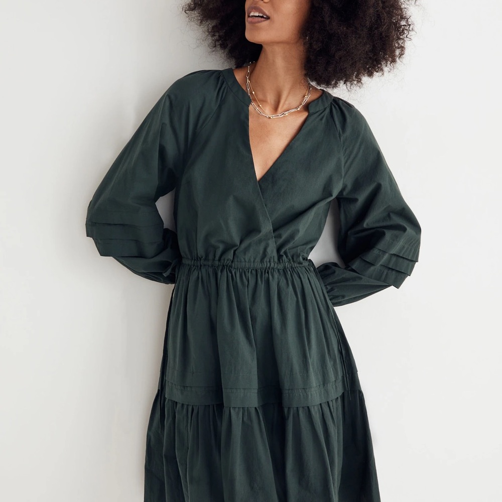 Madewell Forest Green Crinkle Poplin Wrap Mini Dress